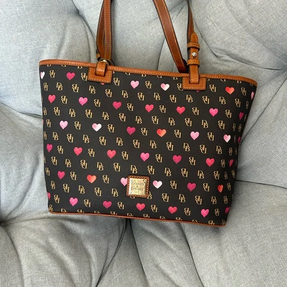Dooney & Bourke Black Tote with Pink and Red Hearts - Picture 1 of 6
